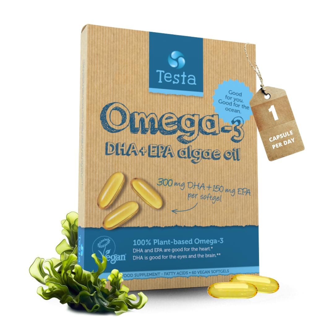 Testa Omega 3 - Supplement - Vegan Based DHA EPA Capsules from Algae - Fatty acids - Supports Heart, Brain & Joint Health - Plastic Negative, RTG, and Kosher - Two Months Supply