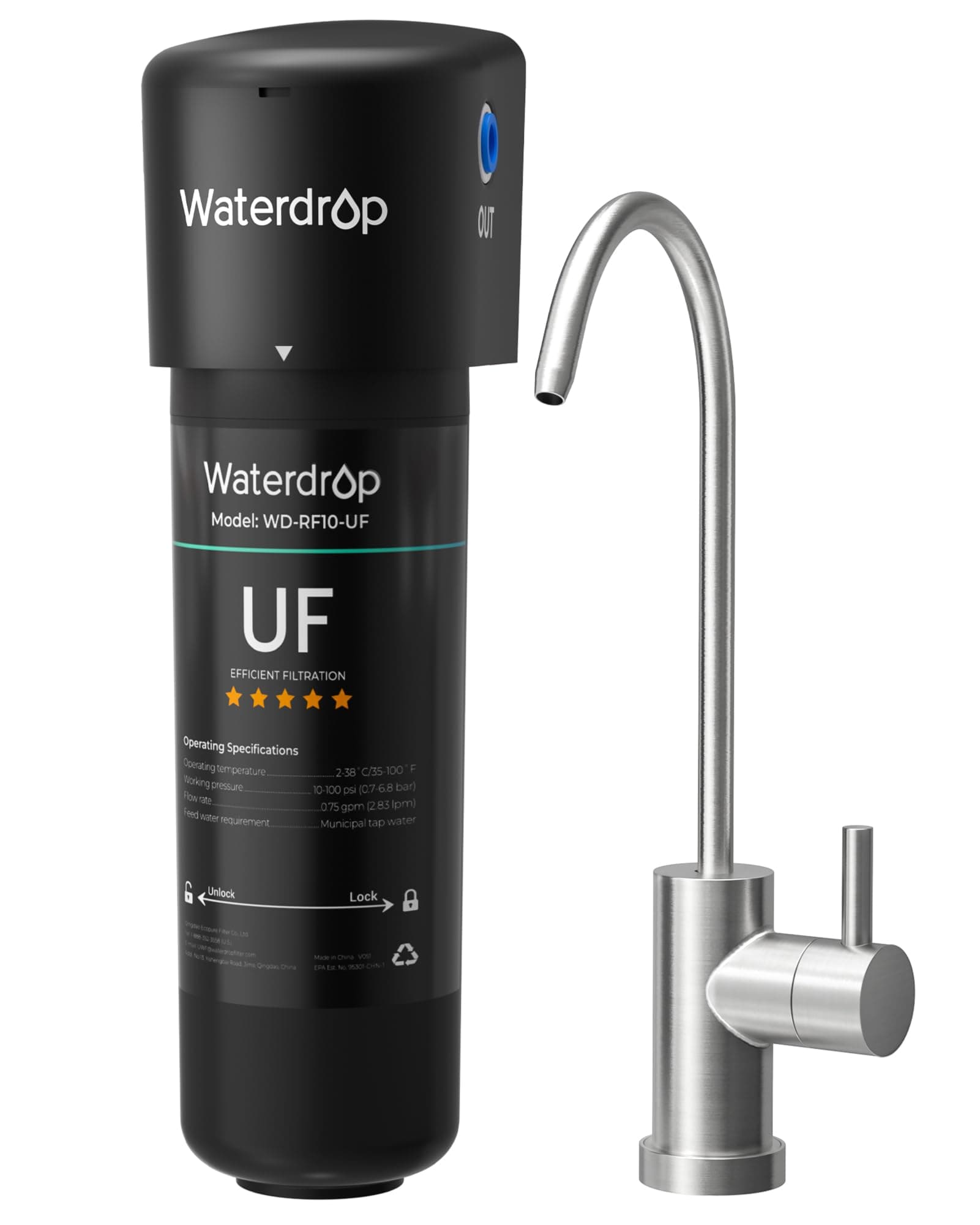 Waterdrop 10UB-UF Under Sink Water Filter System, 0.01 Micron Ultra Filtration Under Counter Drinking Water Filtration System, with Dedicated Stainless Steel Faucet, 8K High Capacity, USA Tech