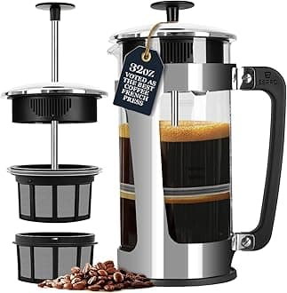 ESPRO P5 French Press Coffee Maker – Patented Double Micro-Filter for Grit Free Brew, Heat-Resistant Thicker Borosilicate Glass Coffee Press – (32 oz)