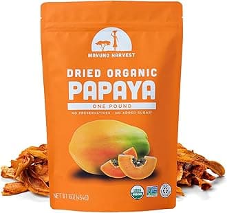 Mavuno Harvest Papaya Dried Fruit Snacks | Organic Dried Papaya Slices | Gluten Free Healthy Snacks for Kids and Adults | No Sugar Added, Vegan, Non GMO, Direct Trade | 1 Pound Resealable Bag