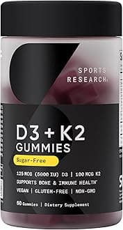 - Sports Research® Vegan Vitamin D3 + K2 Sugar-Free Gummies - 125mcg (5000iu) Vitamin D w/ 100mcg Mk7 Vitamin K - Supports Bone & Immune Health* - Vegan Certified · Non-GMO · Soy Free - 60 Count