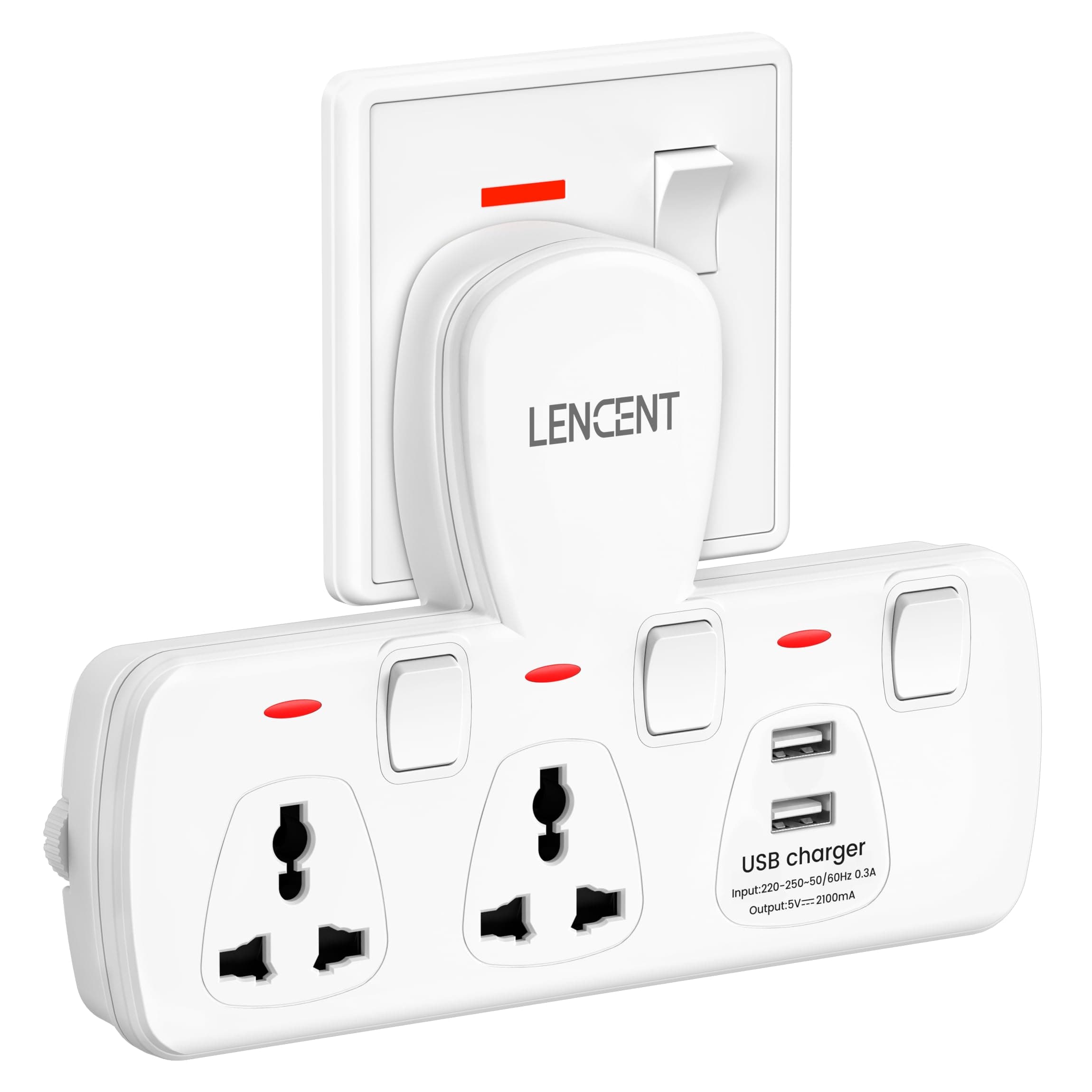 LENCENT Multi Plug Extension Socket with USB, 2 Way Electrical Outlet Extender with 2 USB, Wall Charger, Universal Plug Adapter, Charging Station for Home, Office, Kitchen, Individually Switched