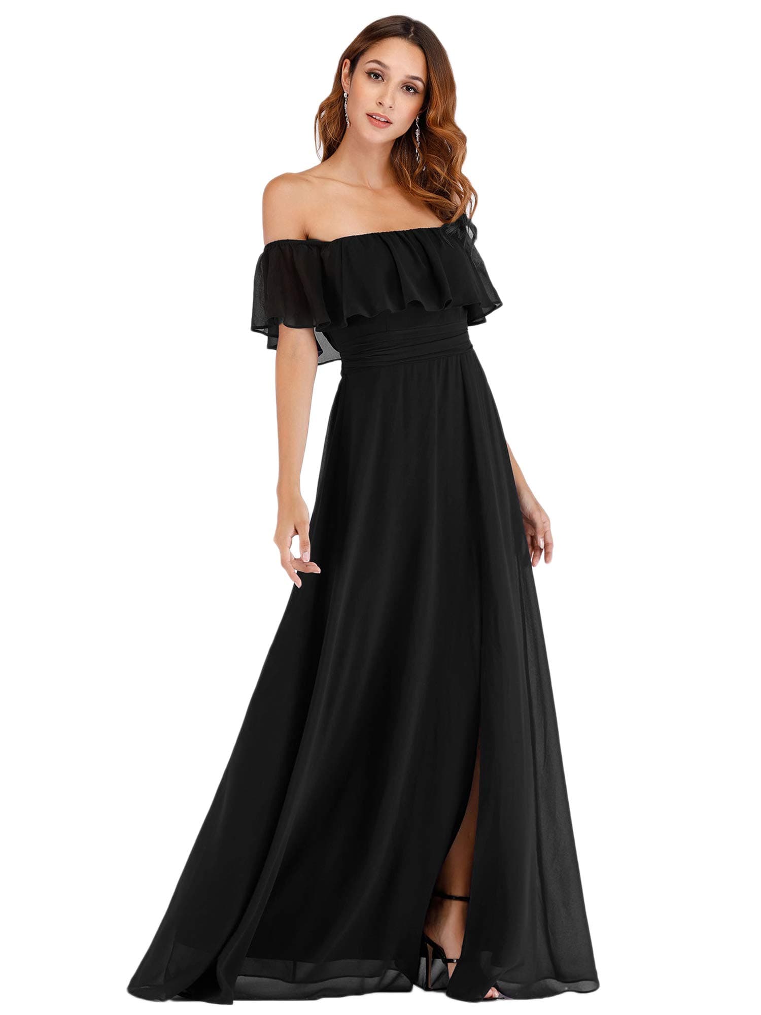 Women's Elegant Off The Shoulder Side Split Flowy Chiffon Maxi Bridesmaid Dress Formal Wedding Guest Dresses 0968