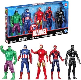 Marvel 6-Inch (15 CM) Hulk, Captain America, Iron Man, Spider-Man, & Black Panther Action Figure Set with Shield Accessory, Super Hero Toys, Ages 4+