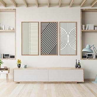 IARTTOP Large Geometric Abstract Wood Wall Art Set of 3 Framed Mid Century Modern Wooden Artwork Boho Neutral Minimalist Hollow Line Wall Decor For Living Room Bedroom Office-16x32 Inch