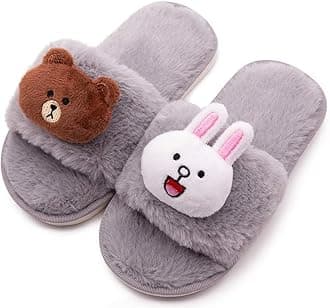 techcity Boys Girls Fuzzy House Slippers Cute Comfy Faux Fur Slip On Fluffy Plush Open Toe Home Slides for Kids Indoor Outdoor Warm Shoes