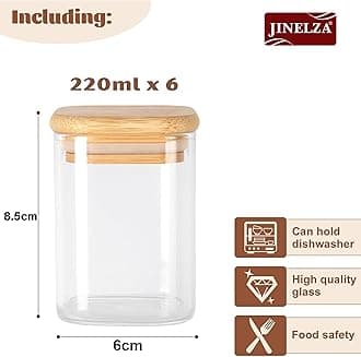Airtight clear glass storage canister with wood lid food storage container jar with sealing bamboo lid for kitchen storage and multipurpose use (220ML SQUARE JAR, 6 PCS)
