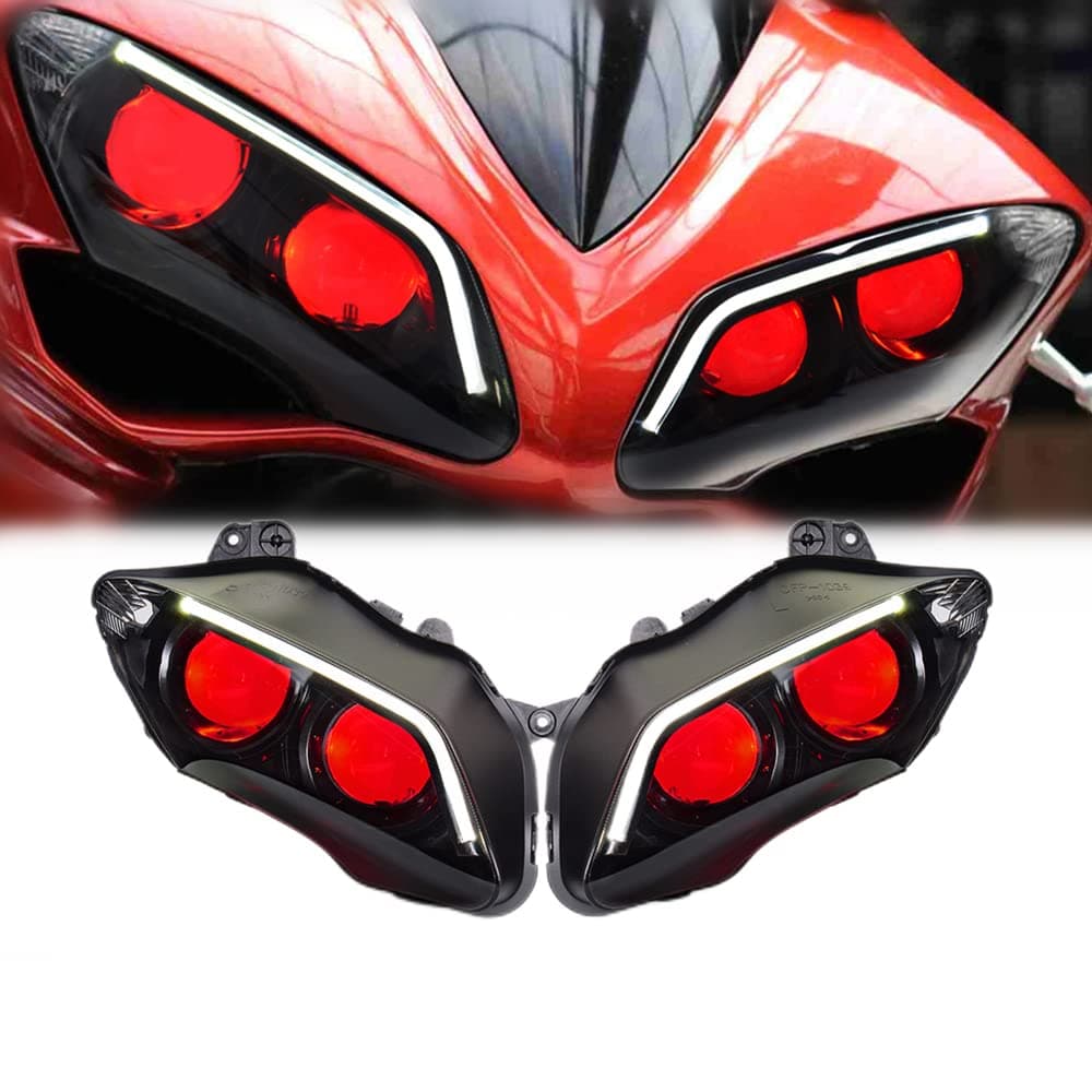 KT Headlight Assembly for YZF R1 2007-2008, Custom Modified Motorcycle Headlight with High/Low Beam, DRL, and Turn Signal(Red)