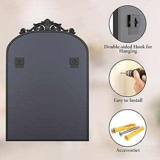 Koonmi Vintage Mirror, 24x36 Antique Barolon Mirror for Wall, Black Frame with Intricate Ornate Patterns, Detachable Flower Heads, Shatter-Proof Tempered Glass Arched Mirror for Bathroom