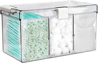 KIMCHOMERSE Large Qtip Holder, Cosmetic Organizer with Carry Handle, Adjustable 3 Compartments Qtip Dispenser for Swabs, Cotton Pads, Small Items Storage Organizer for Desktops and Drawers - Clear