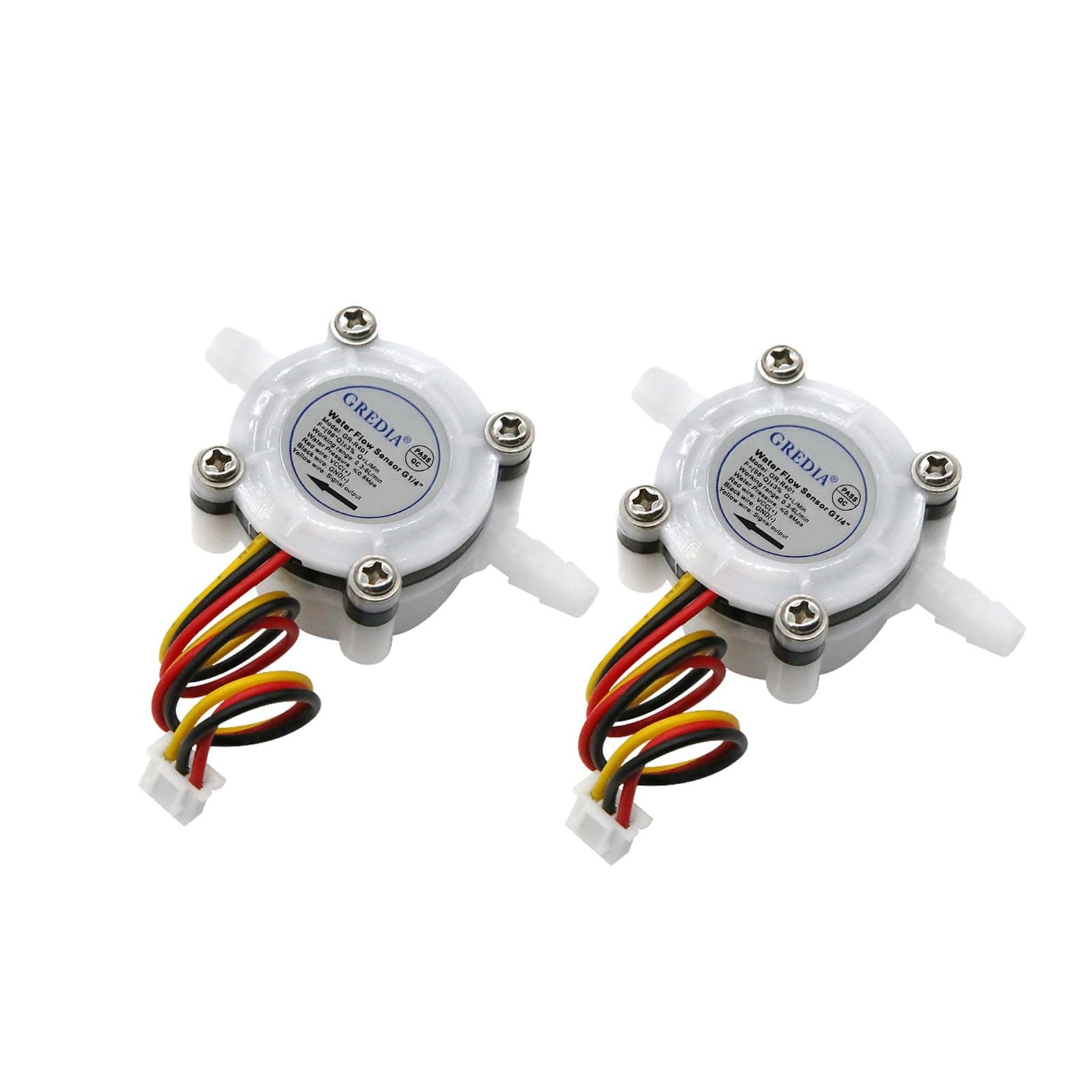 1/4" Water Flow Sensor Food-Grade Switch Hall Effect Flowmeter Fluid Meter Counter Connect Hosepipe 0.3-6L/min (Pack of 2）