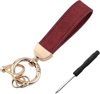 Kewucn Genuine Leather Car Keychain, Universal Heavy Duty Metal Auto Key Fob Holder with Anti Lost D-Ring for Men Women (Golden-Wine Red)