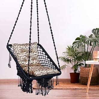 Patiofy Polyester Swing for Balcony, Home, and Living Room - Premium Square Jhula Chair for Adults With Golden Floral L Cushion and Free Hanging Kit - Navy Blue