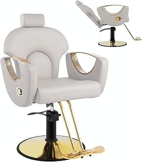 Salon Chair, Reclining Salon Chair for Hair Stylist, Barber Chair with Heavy Duty Hydraulic Pump, Hair Chairs Tattoo Braiding Beauty Spa Equipment, Light Gray Gold