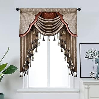 Luxury Brown and Coffee Valance Waterfall Swag with Tassels for Living Room Bedroom Windows European Design Rod Pocket Top (100 cm, 1 Panel)