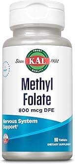 KAL Methyl Folate 800 mcg DFE, 5-MTHF Active Form Vitamin B9, Folic Acid Supplement, Heart Health, Prenatal, Mood and Brain Support, Fast Dissolving ActivTab, 60-Day Guarantee, 90 Servings, 90 Tablets
