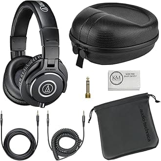 Audio-Technica ATH-M40x Professional Studio Monitor Headphones Bundle with Full Sized Hard Body Headphone Case and Microfiber Cleaning Cloth (3 Items)