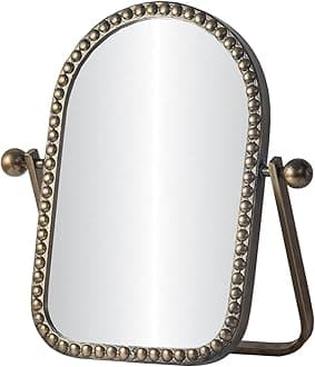 HuiDao Vintage Vanity Table Mirror, Desk Makeup Mirror Metal Framed with Stand, Bronze Arched Retro Mirrors 360 Adjustable Rotation for Tabletop, Bedroom, Bathroom, Living Room, Antique 10.8'' x 7''