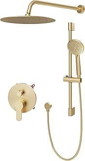 Gabrylly Shower System Gold, Slide Bar Shower Faucet Set with High Pressure 10" Rain Head and 5-Setting Handheld Spray, 2 Way Pressure Balance Valve with Trim Kit, Brushed Gold