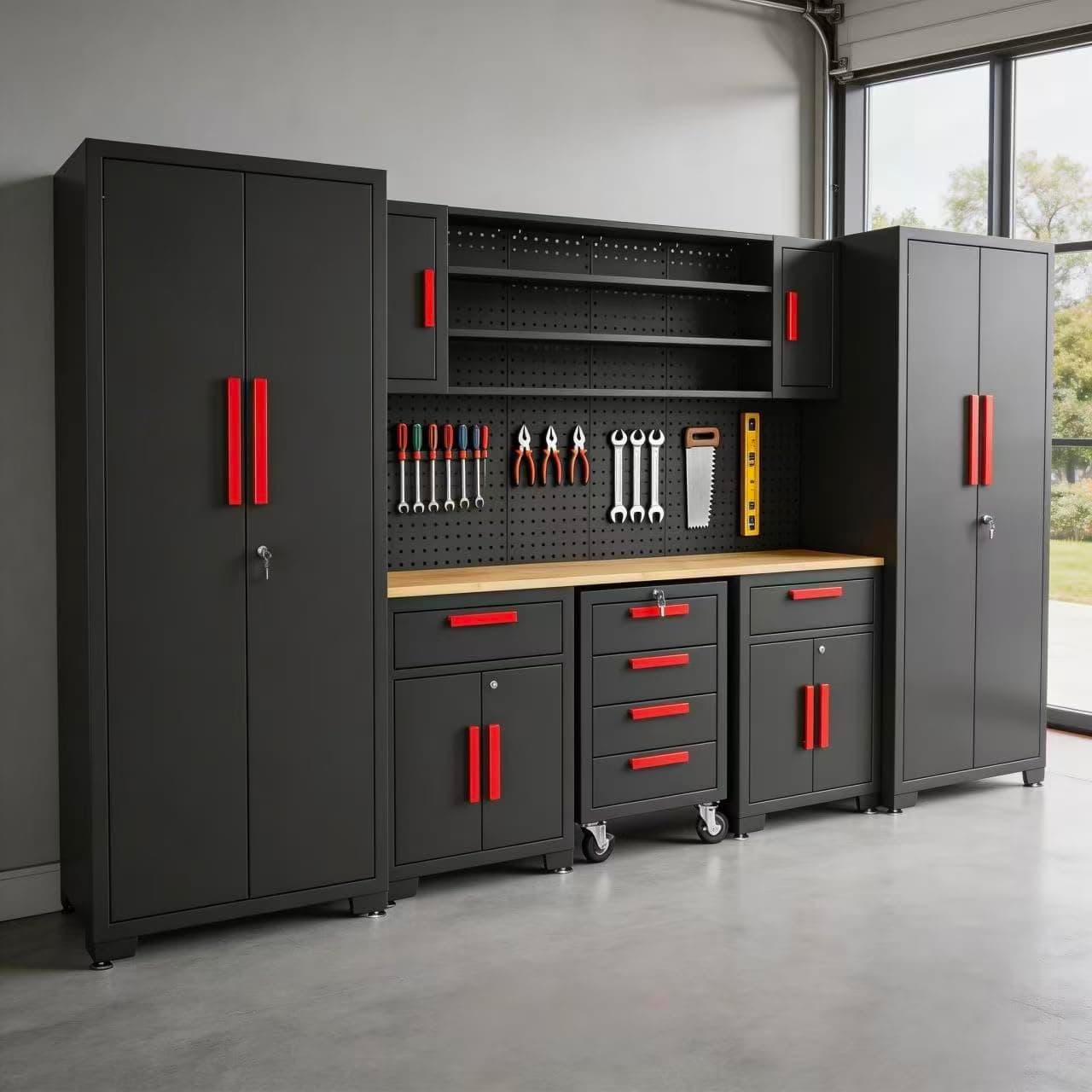 Torin Garage Storage Cabinets System, 8-Pcs Workshop Cabinet Set in Black, Included Steel Cabinets Drawers Rolling Chest and Pegboard,Locked Garage Storage Cabinet