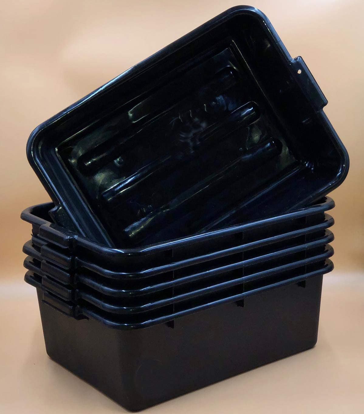 6 PACK 20" x 15" x 7" Black Polypropylene Bus Plastic Restaurant Dishwasher Tub Stackable w/Handles, 20" x 15" x 7" Durable Plastic Dish Box for Kitchens, Bars, Catering