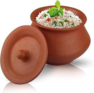 1ltr. Handmade Terracotta Clay Handi with 1L Capacity, Light Weight Curd Bowl, Dahi Handi for Kitchen, Curd Bowl with Lid for Cooking, Mitti Pot (Round Handi)