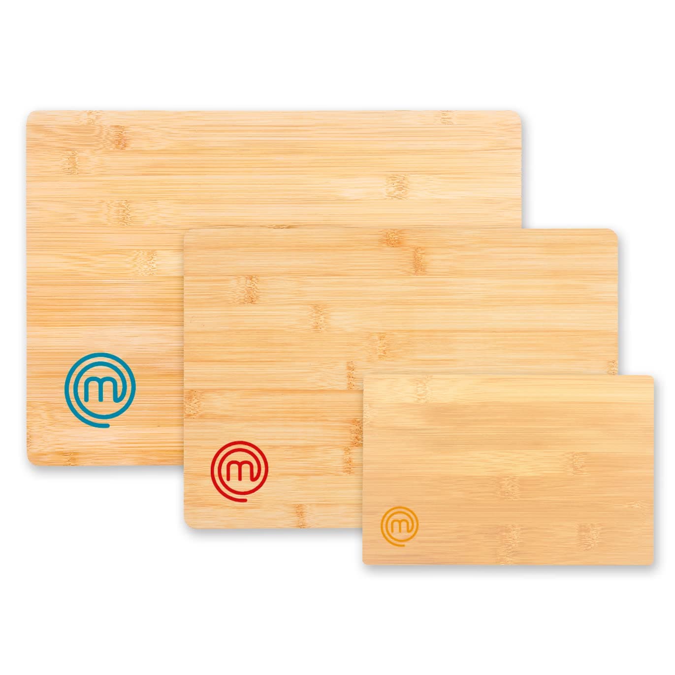 MasterChef Cutting Boards for Kitchen, Bamboo Chopping Board Set of 3, Organic Food Safe Surfaces for Preparing & Serving Meat, Cheese etc, Large, Medium & Small Wooden Boards with Color Coded Logos