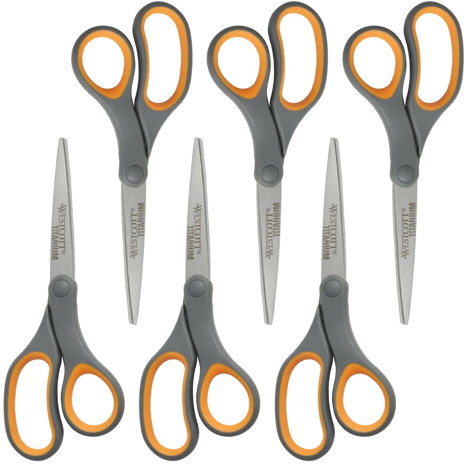Titanium Bonded Scissors, Soft Handle, 8", Straight, Gray/Yellow, 6-Pack