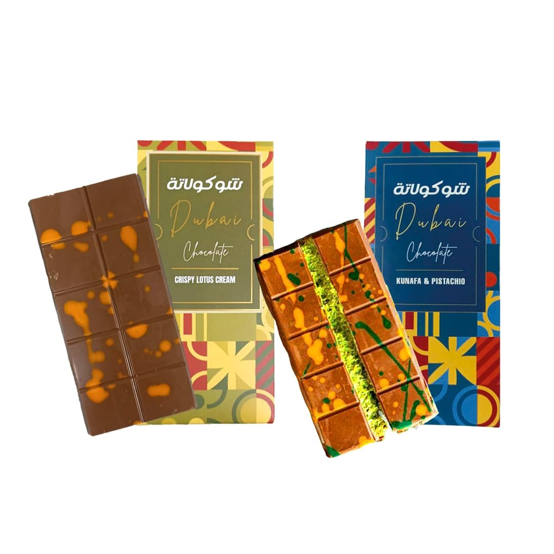 Dubai chocolate bundle : 2 PCS Dubai Chocolate filled chocolata bar: 1 pistachio Kunafa and 1 lotus 200gm each
