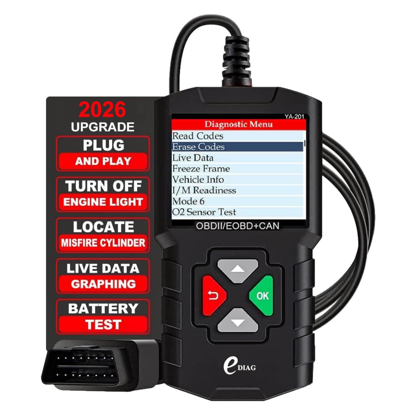 YA-201 Code Reader Car Diagnostic Tool Full Obd2 Scanner Check Engine Light Vehicle Code Reader for O2 Sensor EVAP Systems Upgraded Graphing Battery State and Live Data