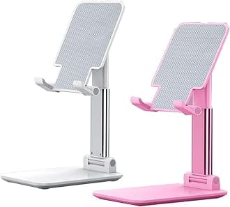 OGMAPLE 2 Pcs MT-6 Cell Phone Holder, Adjustable Angle and Height, Anti-Slip Silicone Pad, Foldable and Portable, Compatible with 4-8 Inch Devices(Pink+White)