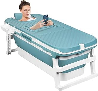 50" Foldable Bathtub for Adults, Large Portable Bath tub with Storage Basket, 1.3 Meter Foldable Bathtub with Thermal Cover and Massage Board for Indoor/Outdoor Use (Blue-3-50")