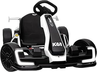 KerryYoo K61 Go Kart Electric Drift Kart with Length Adjustable Seat, 24V Outdoor Ride on Toy with 4 Speed Mode, Crazy Cart for Kids 6-12 Years Old, Fast 300W Motor, 8.5 MPH, Bluetooth - White