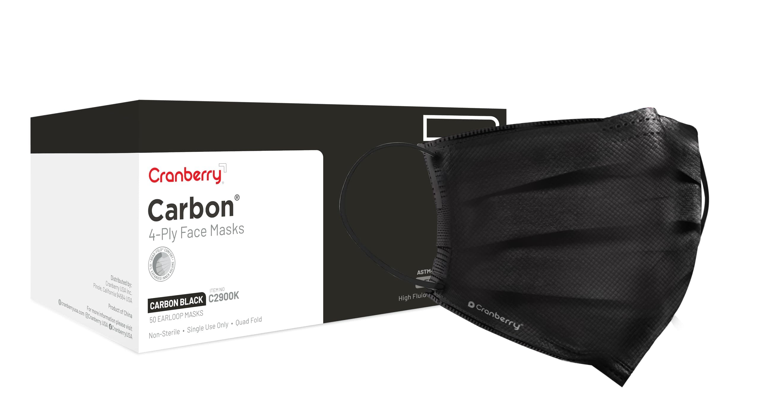 Cranberry USA Carbon Black Face Masks, Disposable, 4-ply, Elastic Earloops, Medical & Dental, Level 3 (Pack of 50)