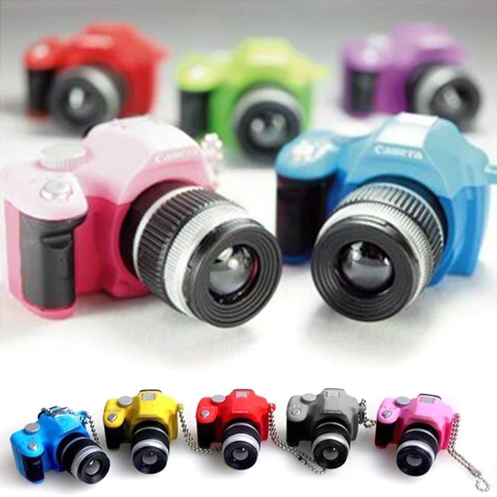 Cute Mini Digital Single Lens Reflex DSLR Camera Style LED Flash Light Torch Shutter Sound Keychain