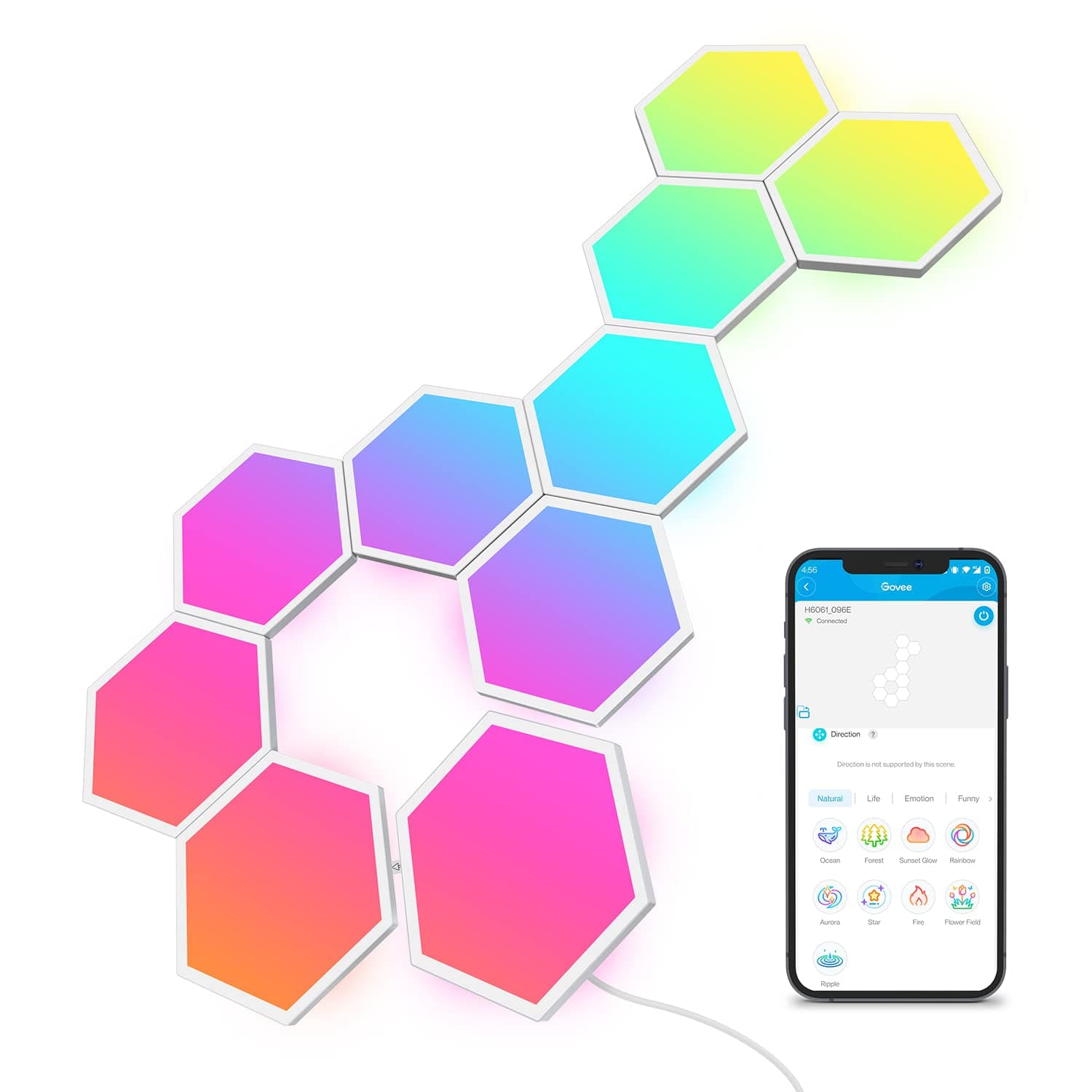 Govee LED Panel Lights, 10 Pieces, Hexagonal Lights, Game Room, Music, Interior Layout, 16.8 Million Colors, RGBCW Multicolor, Wide Light Distribution, Dimming Toning, Hexagon, Wall Mount Light, Easy