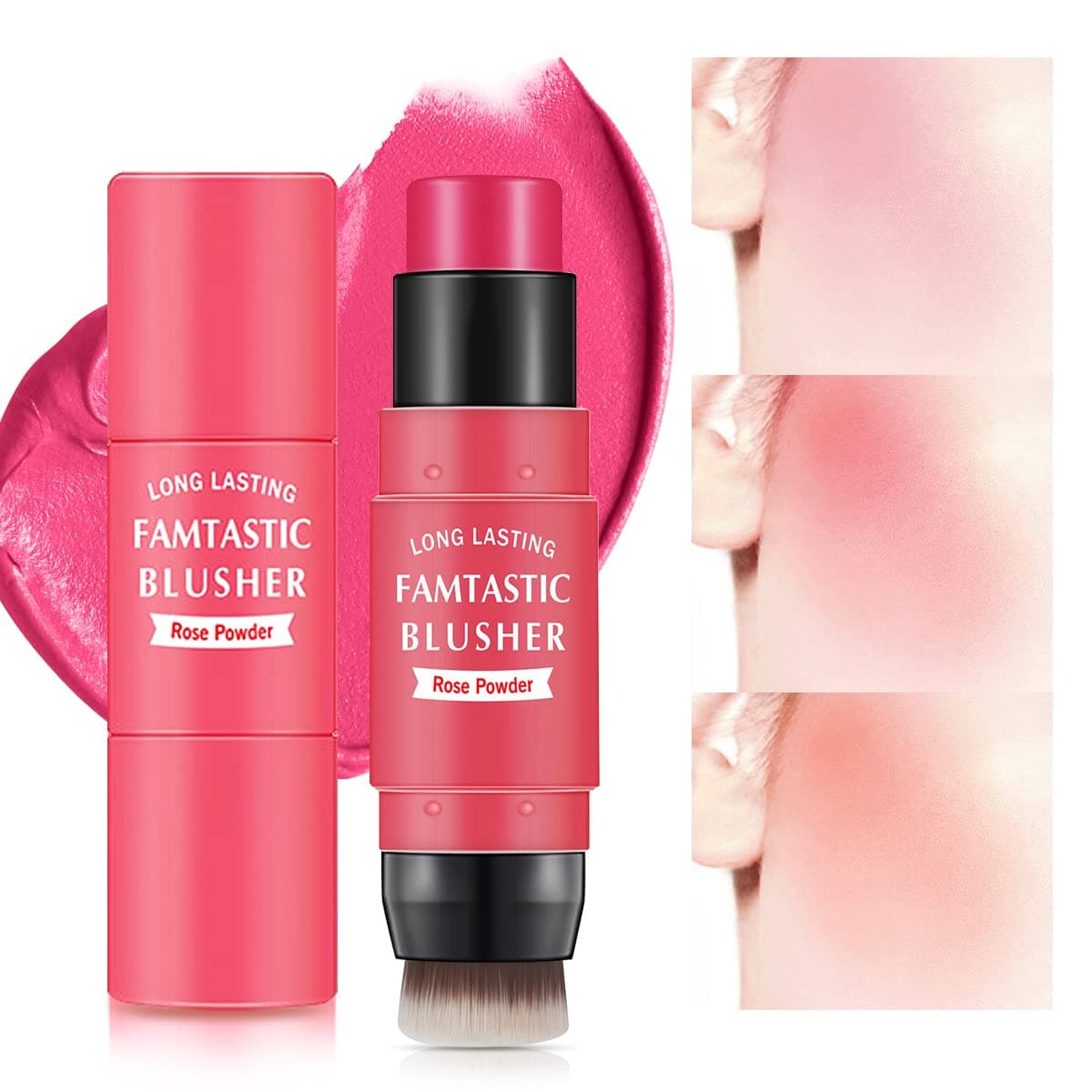 Cream Blush Stick for Cheeks - 2 in 1 Multi Makeup Blush with Brush for Cheeks Tint & Eyes & Lips, Waterproof Smooth Creme Texture, Long-lasting Wear All Day, #02 Rose Red