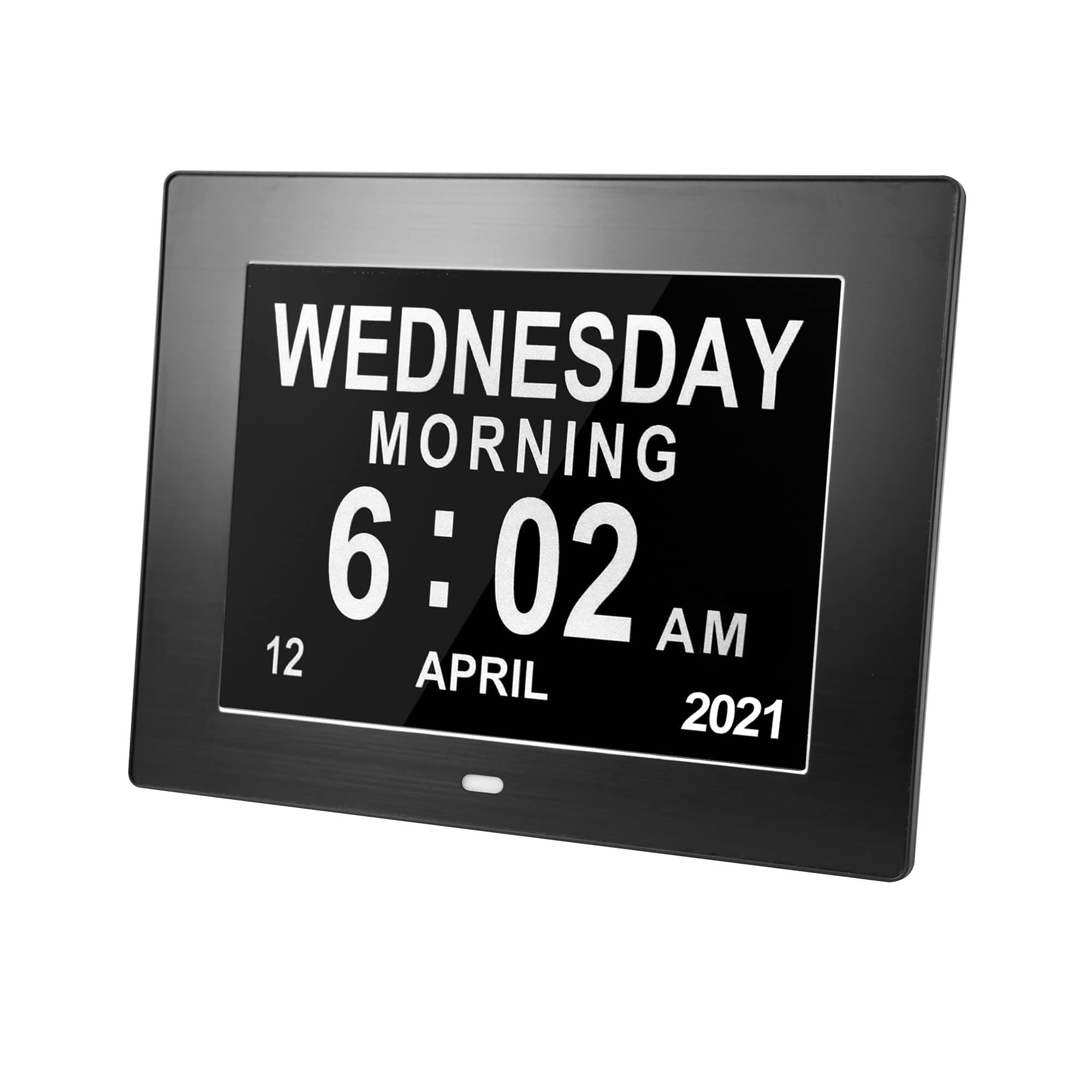 2022 Version, Digital Calendar Day Clock Extra Large Day Date Time Medication Reminder Vision Impaired Memory Loss Dementia Clocks for Senior Elderly 8 Alarms AM/PM Auto-Dimming (8-inch Black)