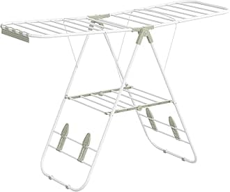 SONGMICS Clothes Airer, Foldable Clothes Drying Rack, Clothes Horse with Height-Adjustable Wings, Free-Standing Laundry Drying Rack, Indoor and Outdoor Use, Steel, White and Green LLR502C01