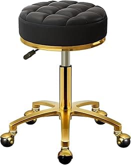 Rolling Stool Gold Vanity Stool with Wheels, Pedicure Massage Roller Stools, PU Leather Round Swivel Salon Spa Chair, Titanium Gold Base, Height Adjustable 43-55 cm (Black)