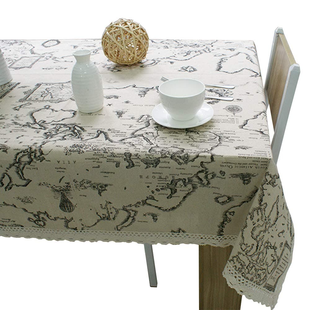 LINENLUX Map Letter Printed Tablecloth Macrame Lace Table Cover for Round Rectangular Oval Table Map with Lace 55 x 98 in