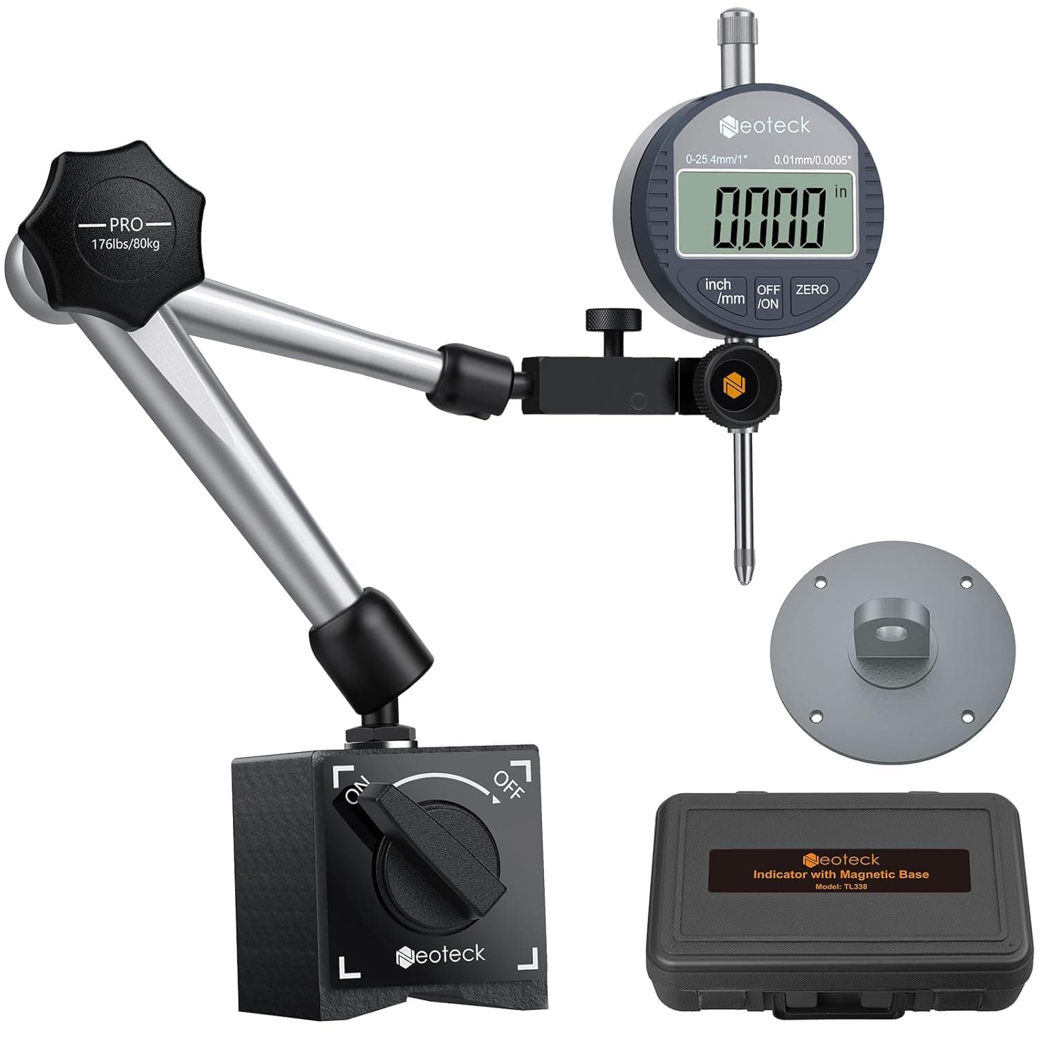 Electronic Digital Dial Indicator Gauge and Magnetic Base Set, Range: 0-1inch / 25.4mm, Resolution: 0.01mm / 0.0005" Inch/Metric Conversion Measuring Tool for 3D Printer Bed Leveling Table Saw