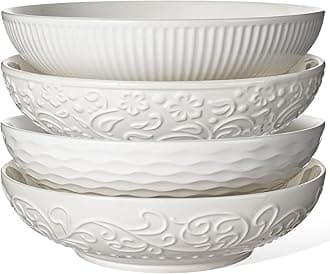 Artena Pasta and Salad Bowls 32oz, Ceramic Large 8 inch, Embossed Soup Set of 4, White Serving for Entertaining, Wide Shallow Dinner, Microwave Dishwasher Oven Safe (Mixed Pattern)
