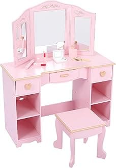 Girls Vanity Table and Chair Set, Kids Vanity Makeup Desk for Little Girl, Wooden Toddlers Princess Dressing Table with 3 Drawers, Tri-Folding Mirror, Large Storage Shelves, Pink