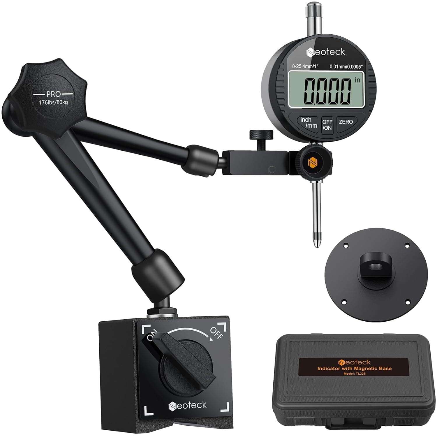 Digital Dial Indicator Gauge and Magnetic Base Set with Storage Case 0-1 inch/25.4mm,0.01mm/0.0005" Inch/Metric Conversion Measuring Tool for 3D Printer Lathe Workshop CNC Machine-Black