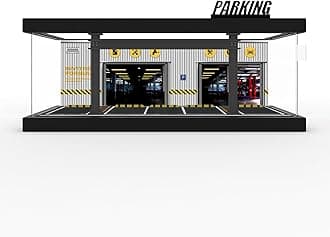 Hot Cars Wheels Display Case - 1/64 Scale Die-cast Model Car Display Case with LED Light and Acrylic Cover, Hot Diecast Wheels Parking Garage Dioramas with 9 Parking Spaces