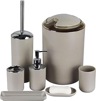 IMAVO Bathroom Accessories Set, 6-Piece Plastic Gift Set, Toothbrush Holder, Toothbrush Cup, soap Dispenser, soap Dish, Toilet Brush Holder, Trash can(Apricot)