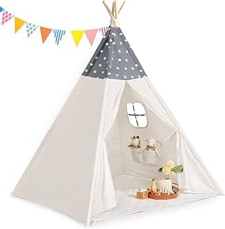 Sumbababy Teepee Tent for Kids, Cotton Canvas Indoor Play Tent, Foldable Toddler Sleepover Tents for Girls & Boys Slumber Party, Washable Gift Set with Star Lights, Banner & Carry Bag, Stars Design