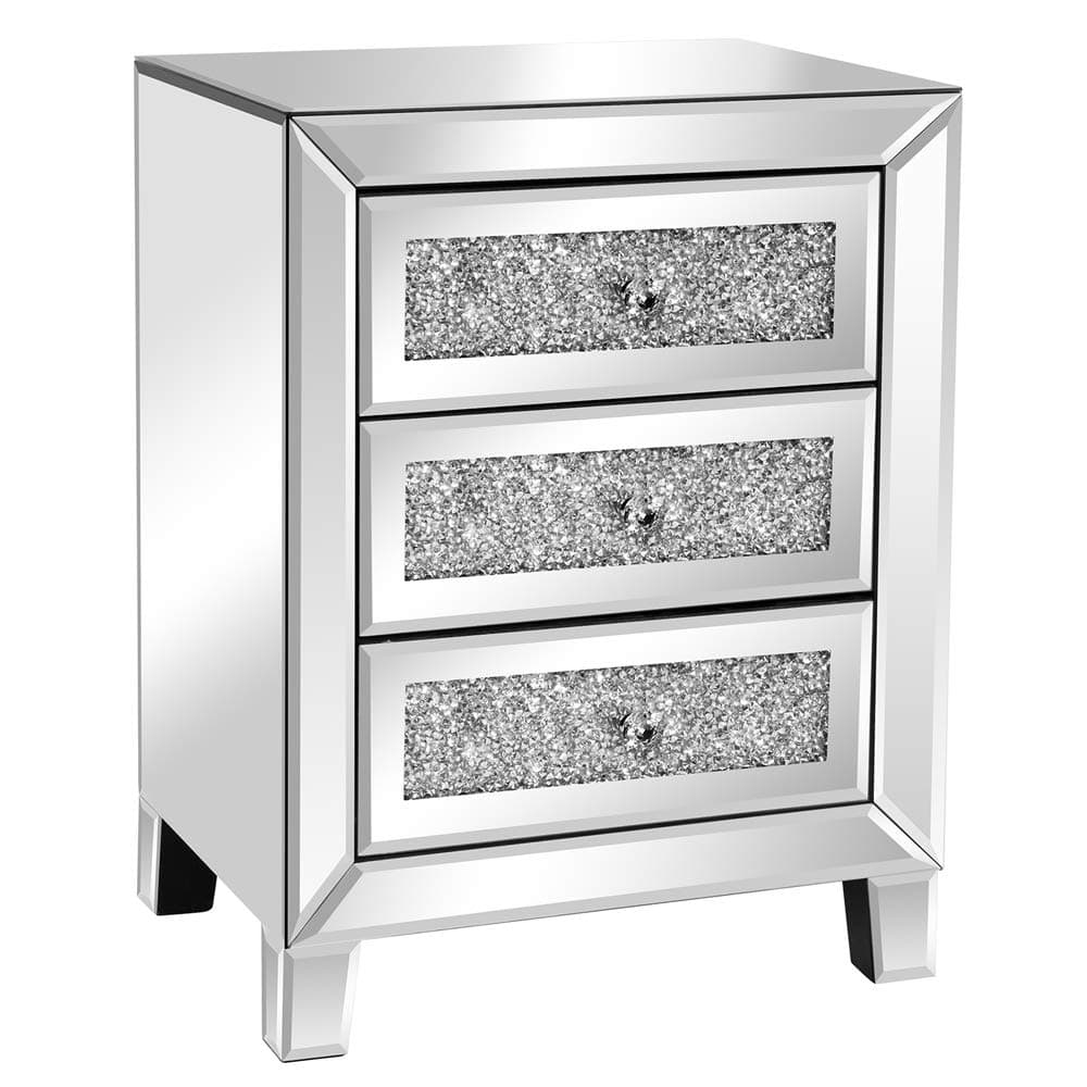 VINGLI Mirrored Nightstand with 3 Drawers Modern End Table Bed Side Table with Mirrored Finish, 17.72-inch W x 13.78-inch D x 23.62-inch H, Silver