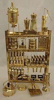 Tirtha Enterprises Handcrafted Brass Miniature Kitchen Set/Bhatukali/Toy Set/Home Decor/choppu Jaman/Real Cooking Kit for Play with Brass Stand (Style 6)